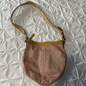 Coach Pink Signature Canvas Shoulder Bag with Yellow Trim